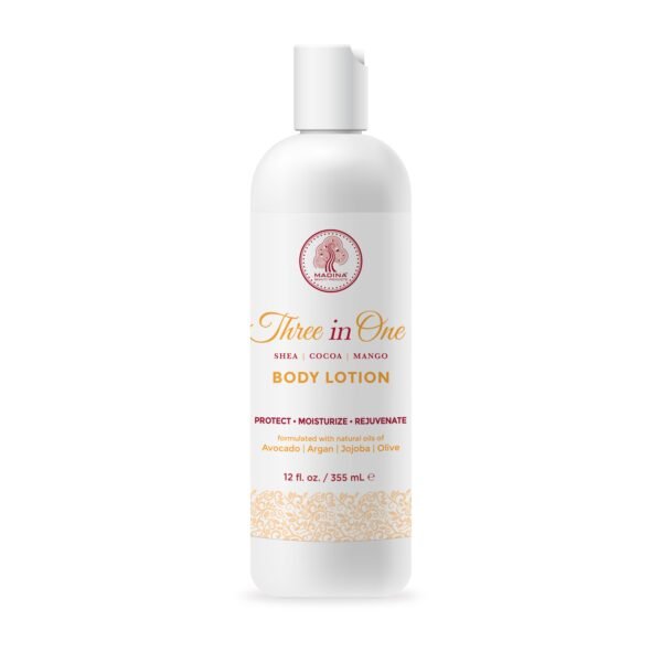 Three in One Body Lotion (shea, cocoa, mango) 12 fl oz.