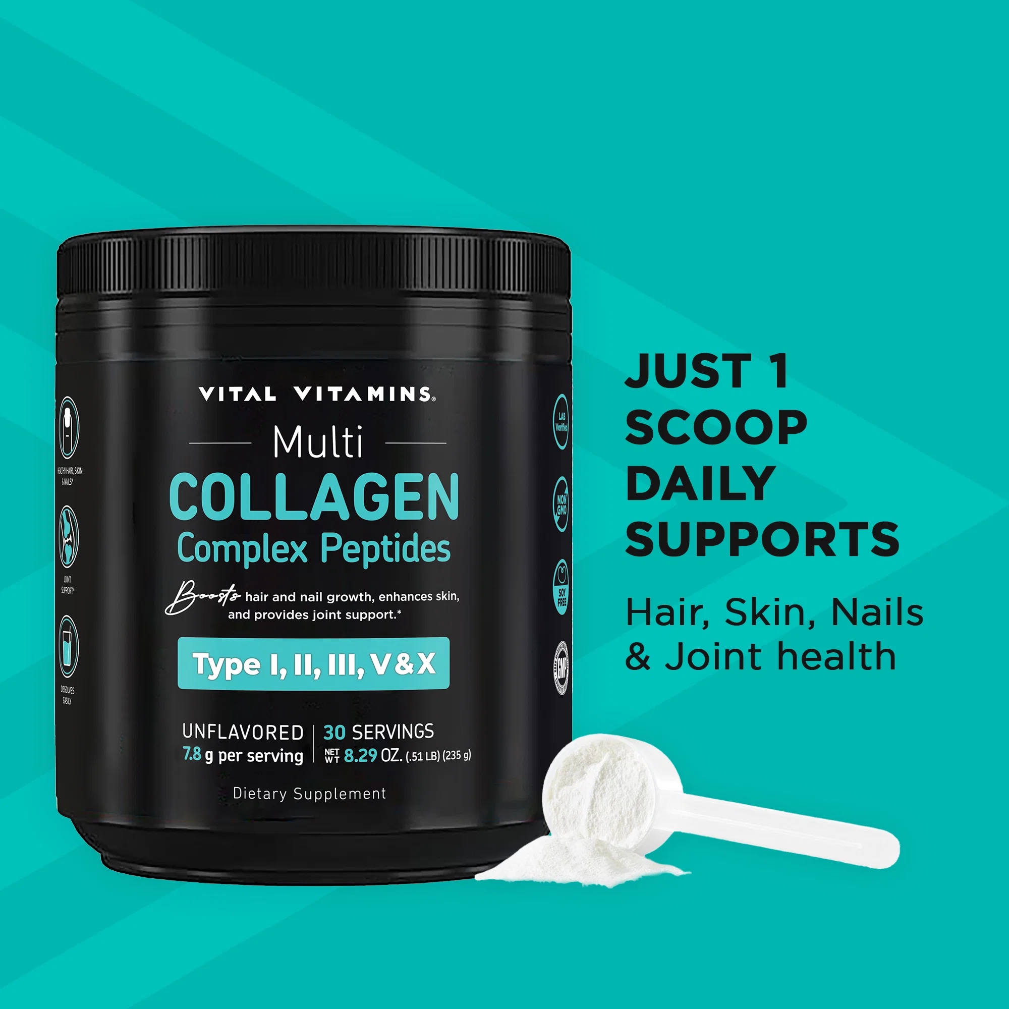 Multi Collagen Complex Peptides Type I II III V X Unflav. 8 ounce - Image 3