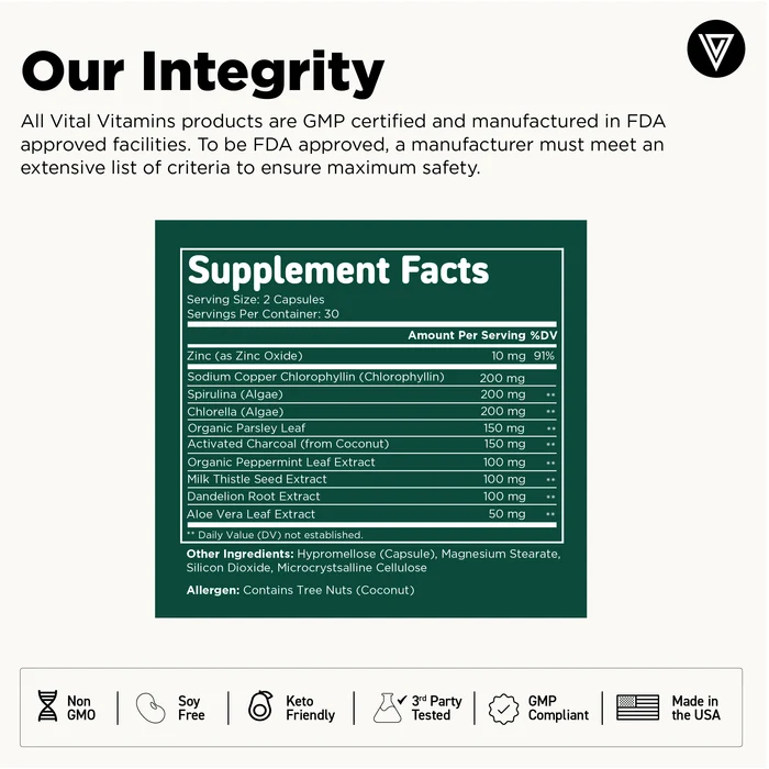 Chlorophyll Complex w/Spirulina/Chlorella/Activated Charcoal 60 caps - Image 2
